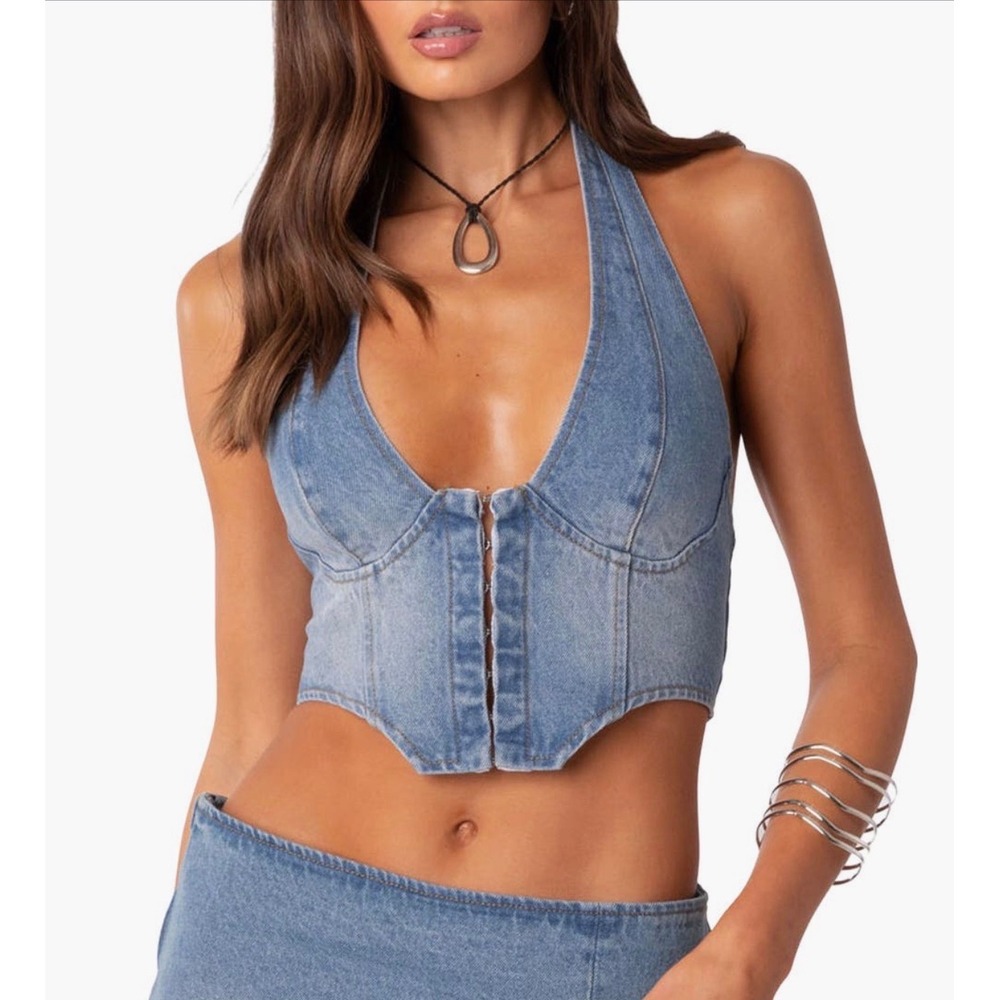 Edikted Katrina Denim Halter Corset Top Light Wash Blue Lace Up Back Y2K Small